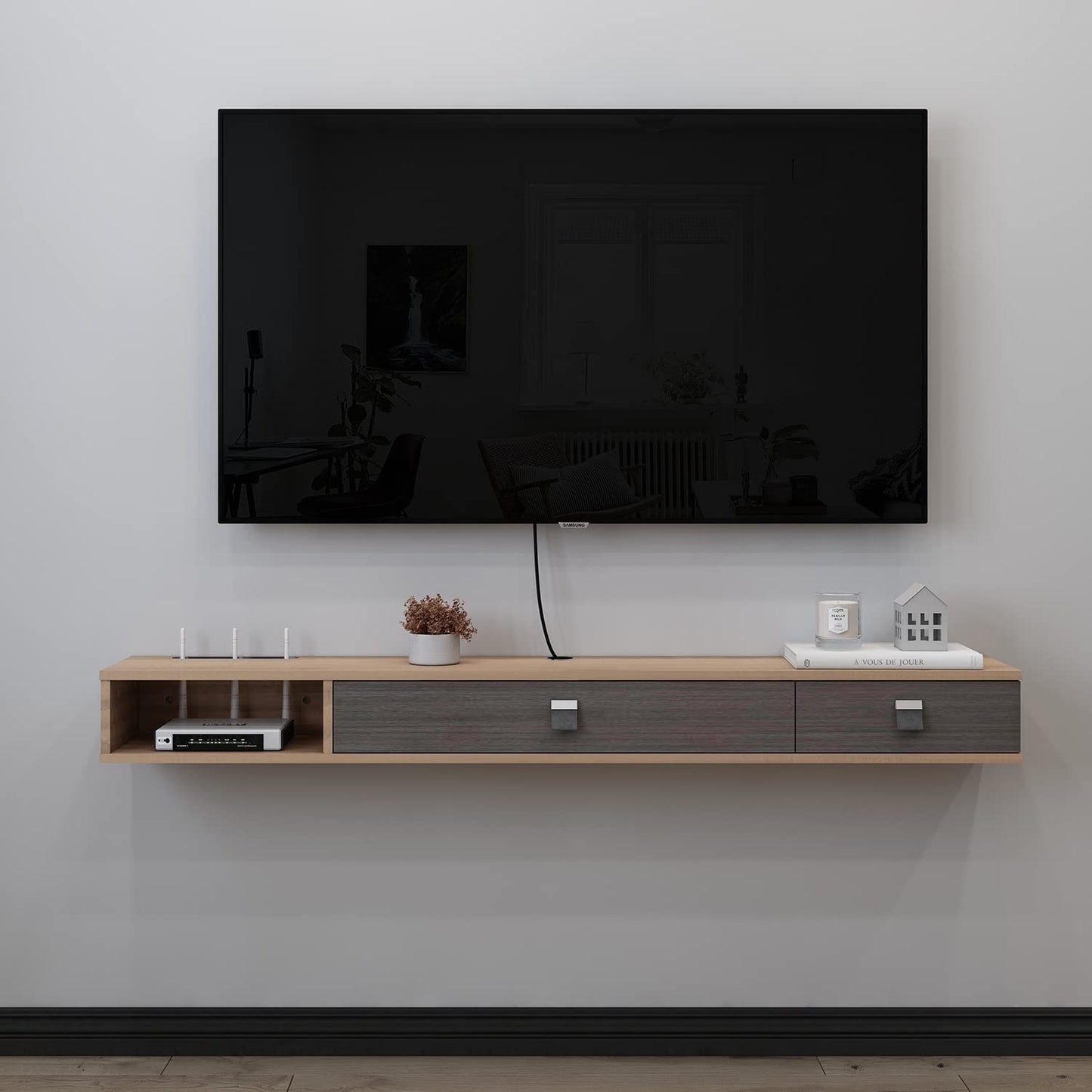 Pmnianhua Floating TV Unit, 47'' Wall Mounted TV Cabinet, Floating Shelves with 2 Doors