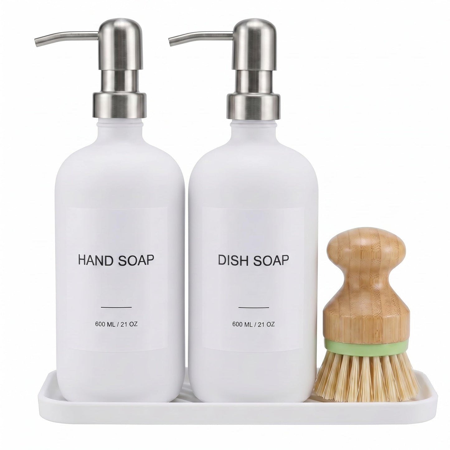 Hand & Dish Soap Dispenser with Dish Brush, Washing Up Liquid Dispenser Set 600ml, PET Plastic Bottle with Stainless Steel Pump