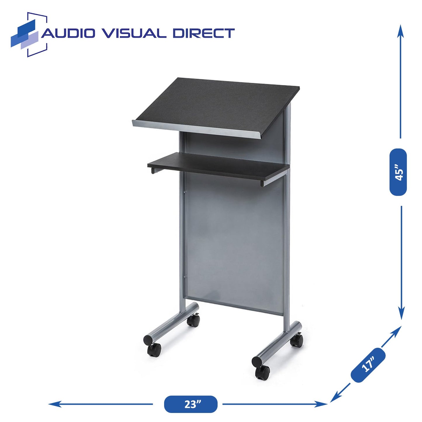 Audio-Visual Direct Wheeled Lectern with Storage Shelf - Silver/Black - Compact Standing Desk for Reading - LapTop Stand