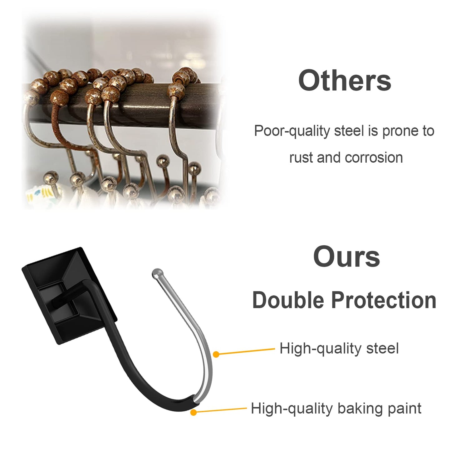 GILLAS 12 Black Zinc Shower Curtain Hooks Rings Square