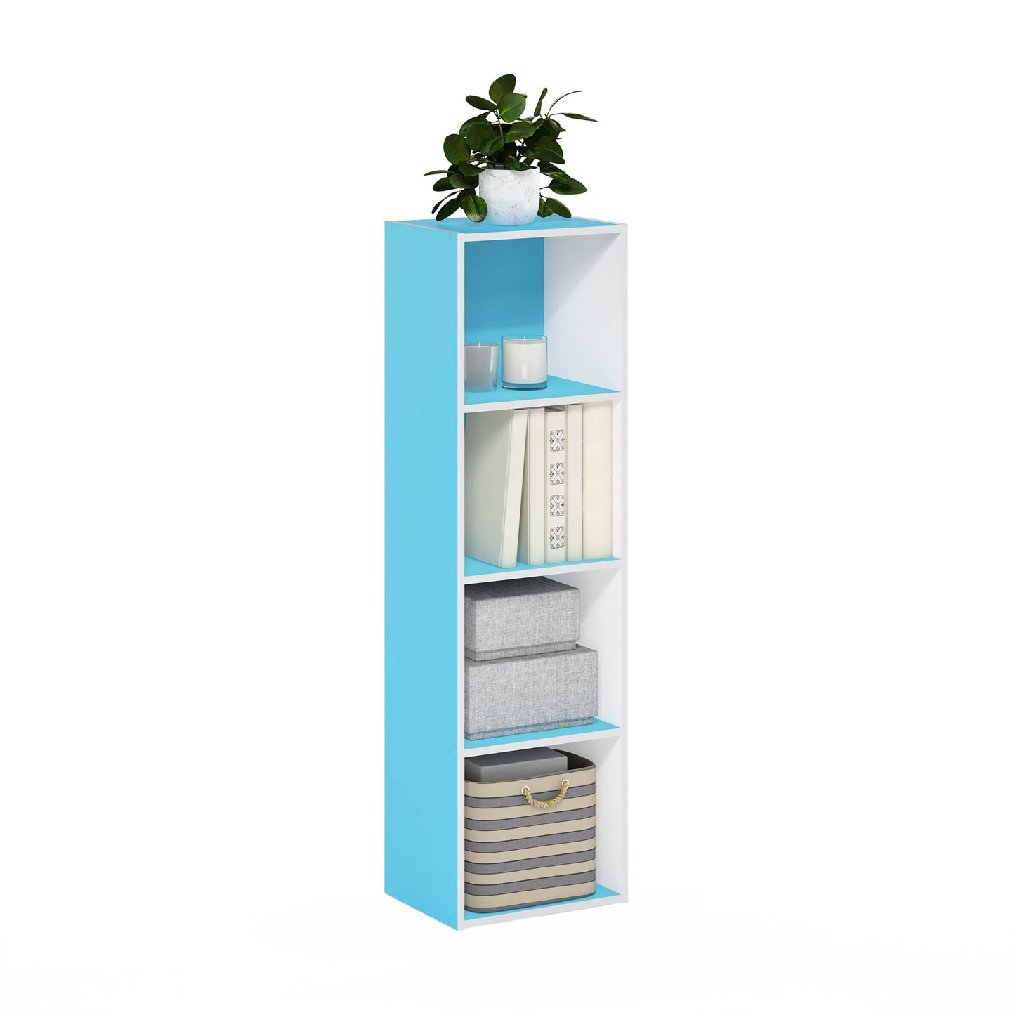 Furinno PASIR Book Shelf, 4-Tier Modern Bookshelf, Open Shelves Bookcase 9 x 12 x 42, for Living Room, Bedroom, Home Office, Light Blue/White