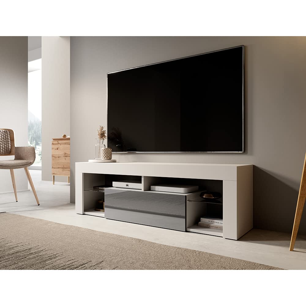 Selsey Bianko 5902409942118 TV Cabinet with Hinged Door, Laminated Plate, Matt White/Grey High Gloss, 35 x 140 x 51 cm