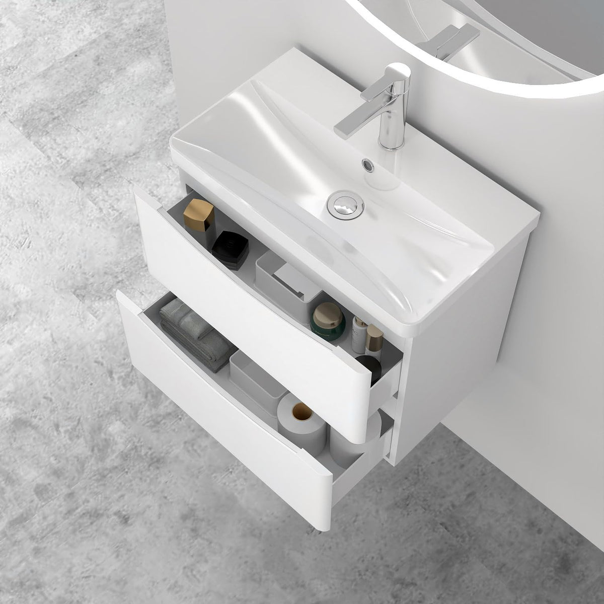 Biubiubath 600mm Bathroom Sink Unit with Basin Gloss White 2 Soft Close Drawers Wall Mounted Bathroom Suite with Vanity Unit Modern Smile Handle