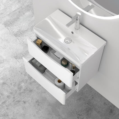 Biubiubath 600mm Bathroom Sink Unit with Basin Gloss White 2 Soft Close Drawers Wall Mounted Bathroom Suite with Vanity Unit Modern Smile Handle