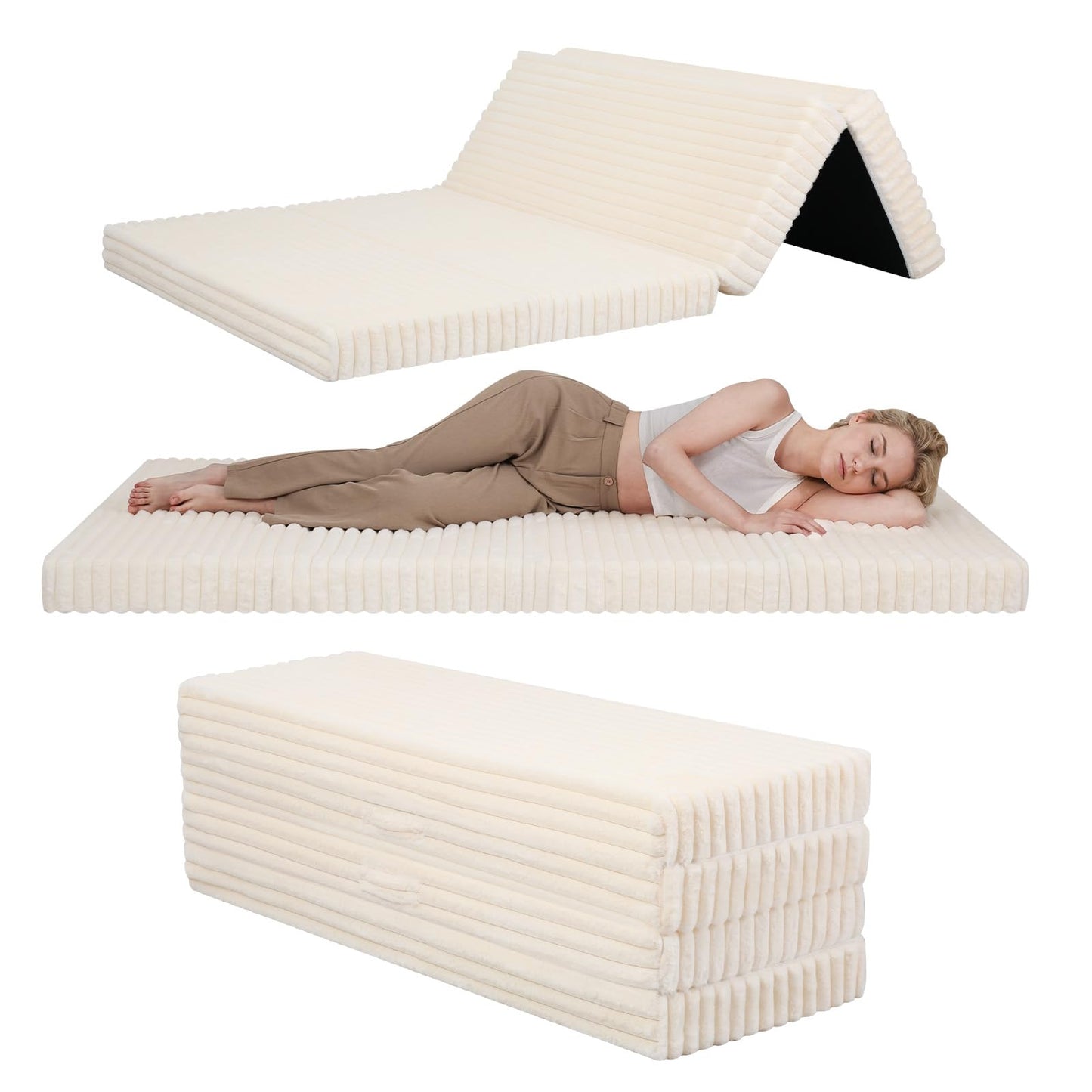 MeMoreCool Folding Floor Mattress 190x135cm, 4-Fold Foam Guest Bed, Beige
