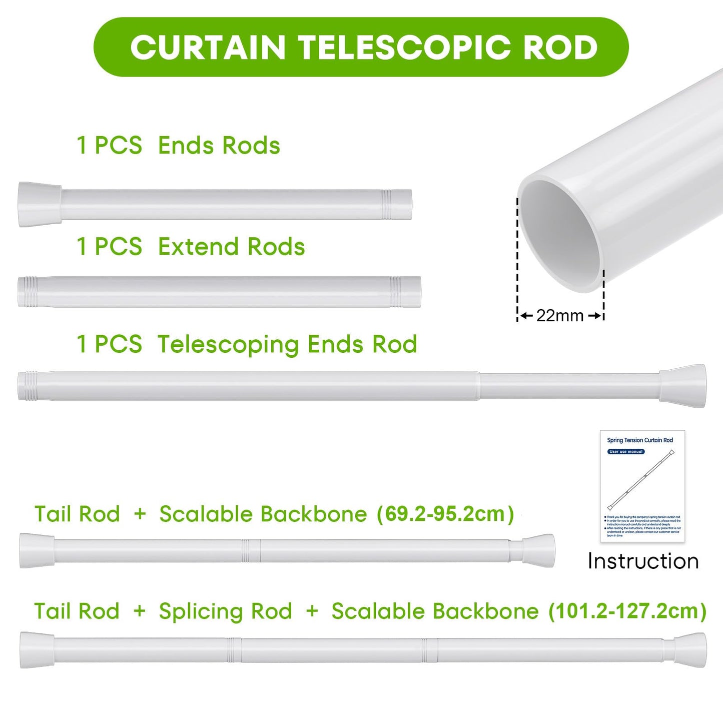 Tension Rod Extendable Curtain Poles 70-130 cm Tension Rods for Curtains Net Curtain Rods Extendable Shower Curtain Rod Telescopic Curtain Pole No