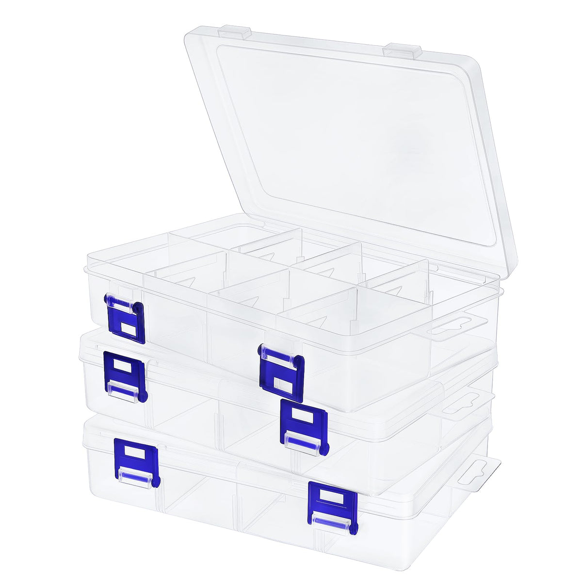 ECBEITF 3 Pcs 8 Grids Clear Plastic Storage Box with Adjustable Dividers, Double Buckle Transparent Stackable 8 Compartments Organiser Box Container