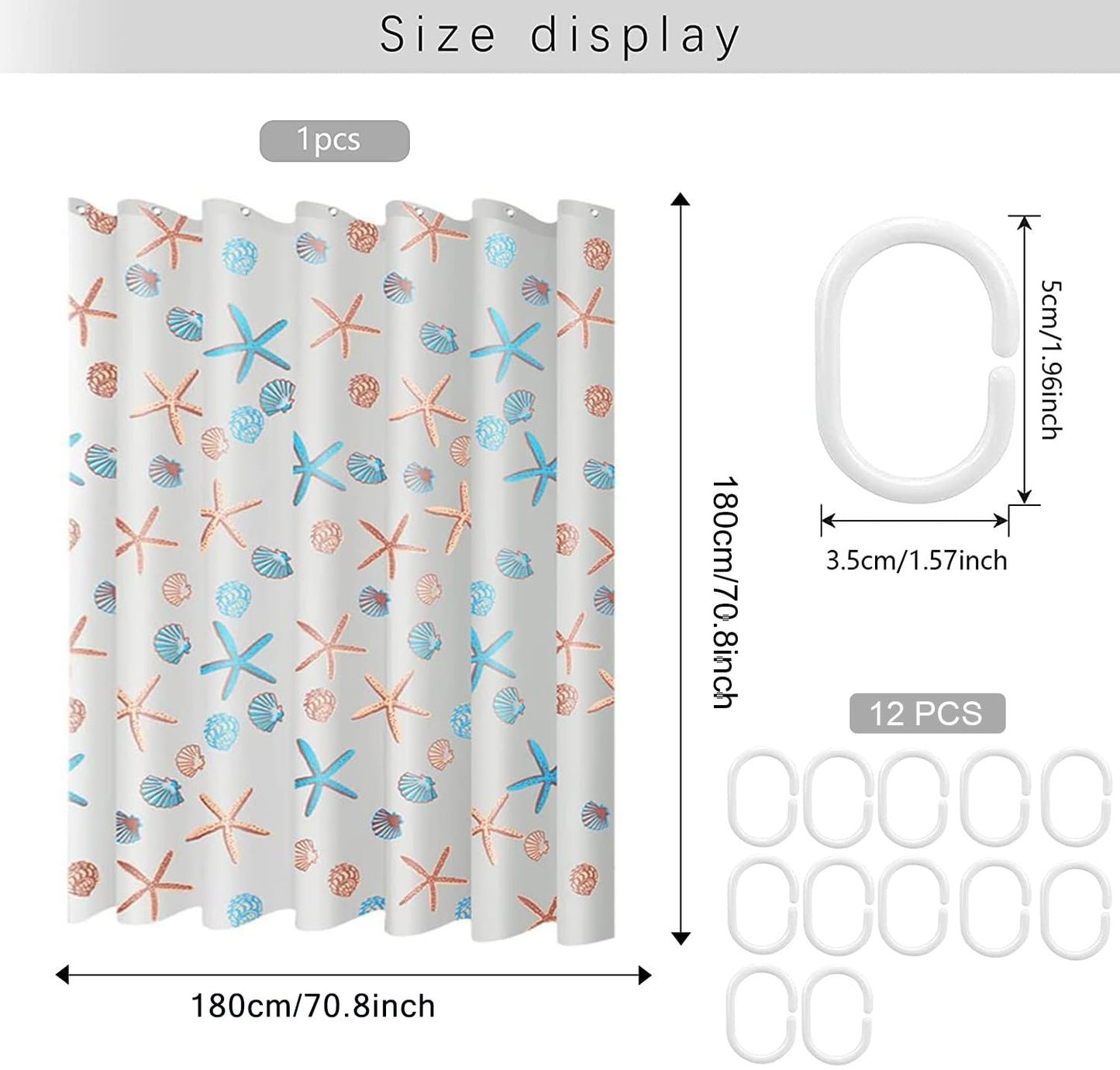 WOODFIB Shower Curtain, 100% PEVA Waterproof Anti-Mould Proof Resistant, Quick-Drying, Washable Bathroom Curtain, Includes 12 Pcs Curtain Hooks