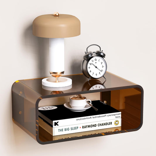 Dewrhiixe Acrylic Floating Bedside Table, Wall Mounted Nightstand Bedside Shelf Dark Brown, 41×24×17 cm