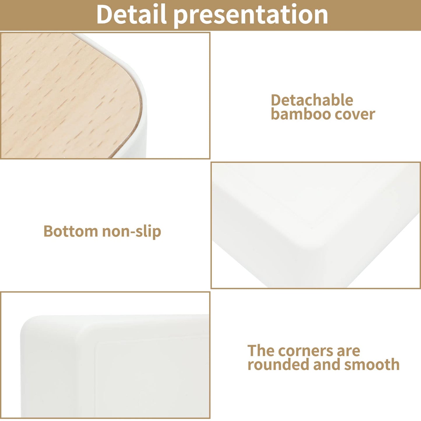 Tissue Box with Bamboo Top, Rectangular, Plastic, Tissue Dispenser Box for Living Room, Office, Car, Bathroom (White)