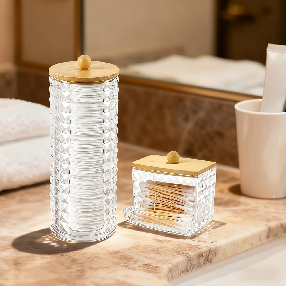 Hwtcjx Cotton Pad Holder, Bathroom Jars, with Wooden Cover, 3 PCS