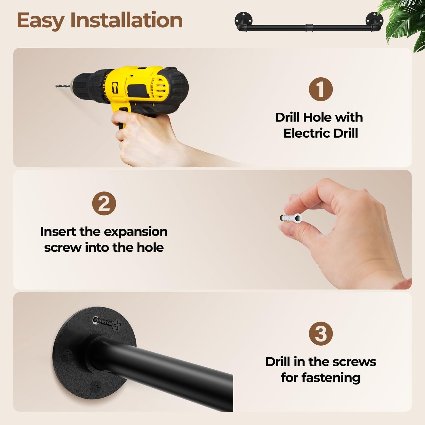 96cm Wall Mounted Clothes Rail Clothing Rack Industrial Pipe Rod Black