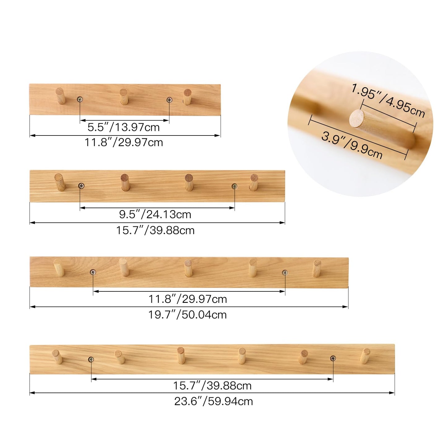Wooden Coat Rack Wall Mounted, 60cm Hickory Wood Floating Jackets Hooks