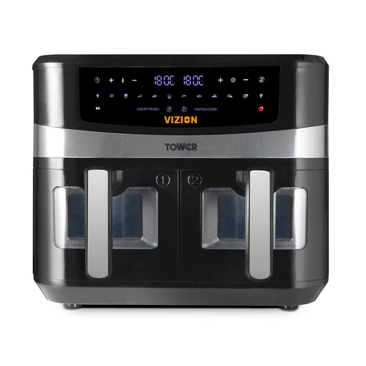 Tower, T17100, Vortx Vizion 9L Dual Basket Air Fryer with Digital control panel & 10 One-touch Pre-sets, Black