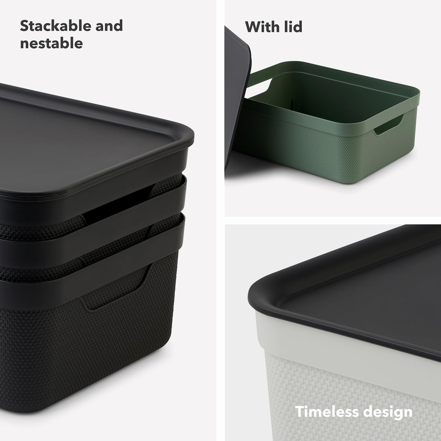 Rotho Jive Dekobox Set of 3 storage box 10l with lid, Plastic (PP recycled), 10l (37.5 x 27.8 x 13.5 cm), Green