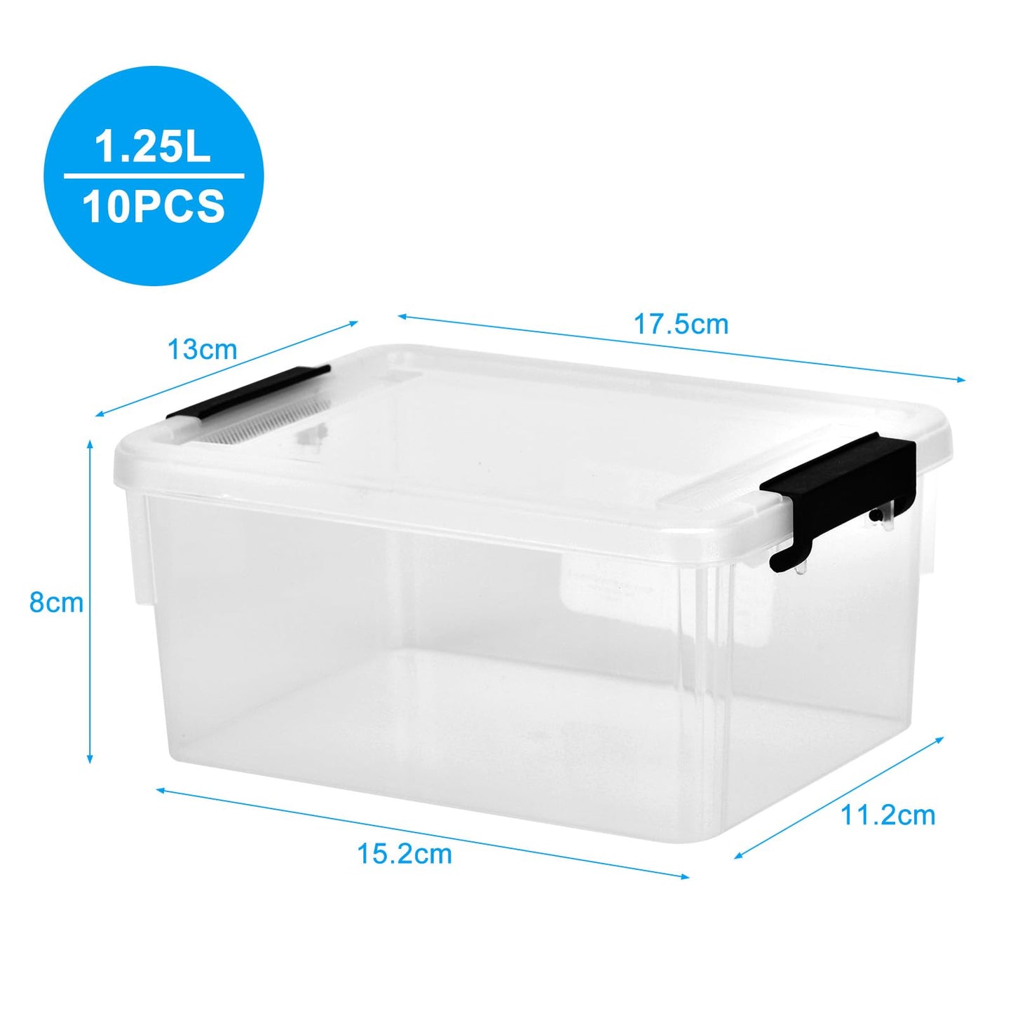 Queta 10 Pack Storage Boxes with Lids Plastic Clear Stackable, Box for Shelves Toys, Boxes with Handles, Storage Container with Click Closure, 1 Litre