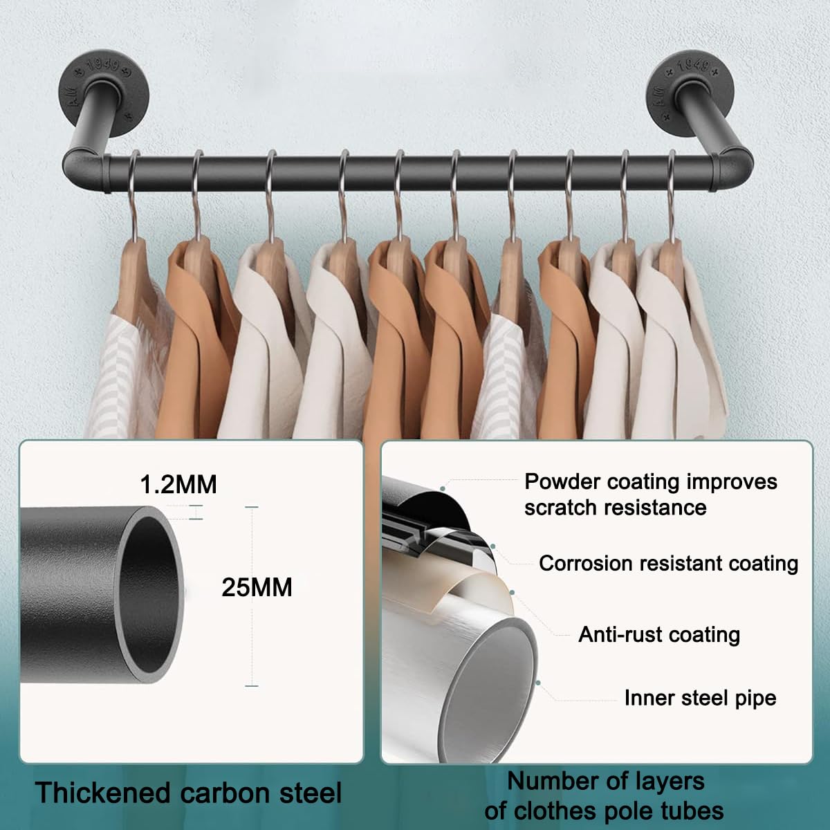 SMILOVII Wall Mounted Clothes Rail, Industrial Metal Garment Hanging Storage Rail, 49cm Detachable Heavy Duty for Home Shops and Closets, Black