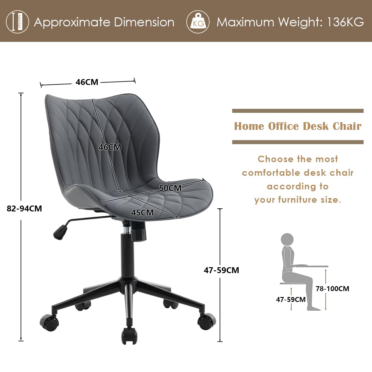 YOUNUOKE Desk Chair Adjustable Home Office Chair with Wheels, Purple