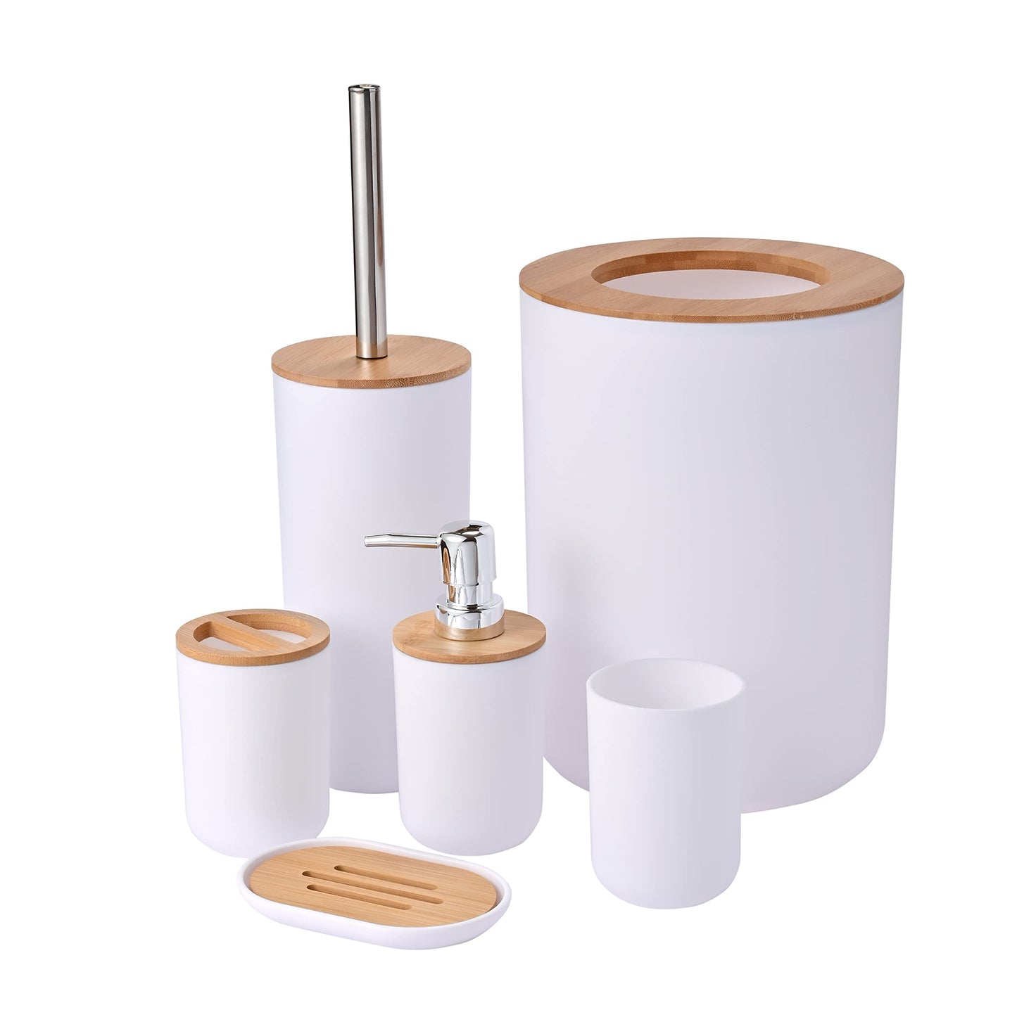 Yorkmills Bamboo Bathroom Accessories, 6 Pieces White Bathroom Accessory set, Bathroom Bin Toilet Brush Set, Durable Toothbrush Holder Cup