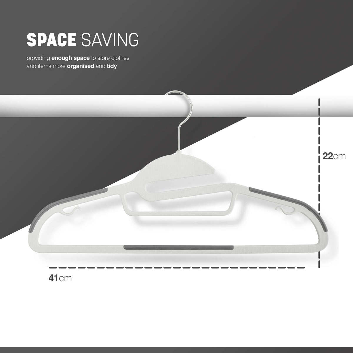 KEPLIN 20-Pack Non-Slip Hangers – Durable, Slimline Design for Space Saving with 360° Swivel, Tie Organiser, Strap Hooks, and S-Shape Opening White