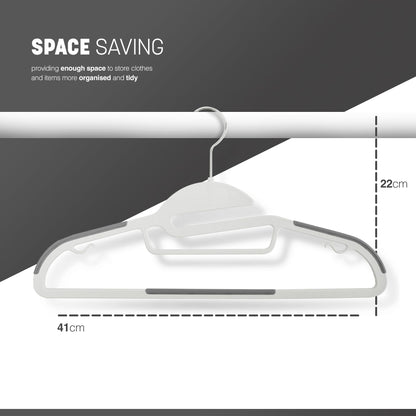 KEPLIN 20-Pack Non-Slip Hangers – Durable, Slimline Design for Space Saving with 360° Swivel, Tie Organiser, Strap Hooks, and S-Shape Opening White