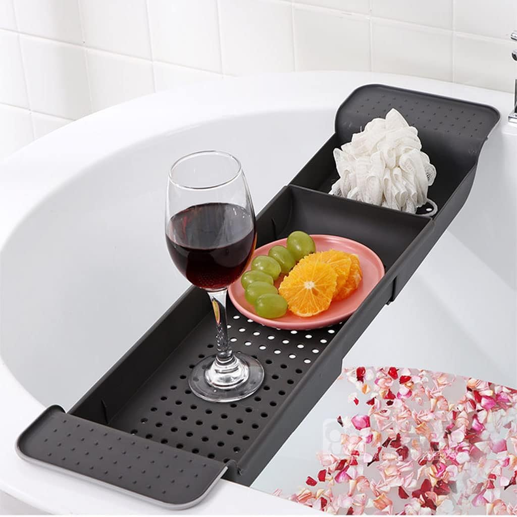 SHZMJL Bathtub Tray, Expandable Bath Tray, Adjustable Bathroom Organizers and Storage, Bathtub Caddy Tray for tub for Candle Towel, Book, Wine