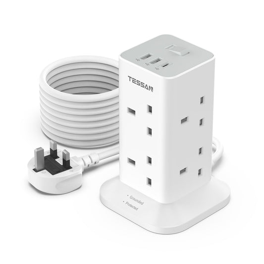 Tower Extension Lead 5M with USB C Slots, TESSAN 5 Metre Extension Cable 8 Way Multi Plug Socket, Surge Protected Power Strip with Switch for Home,