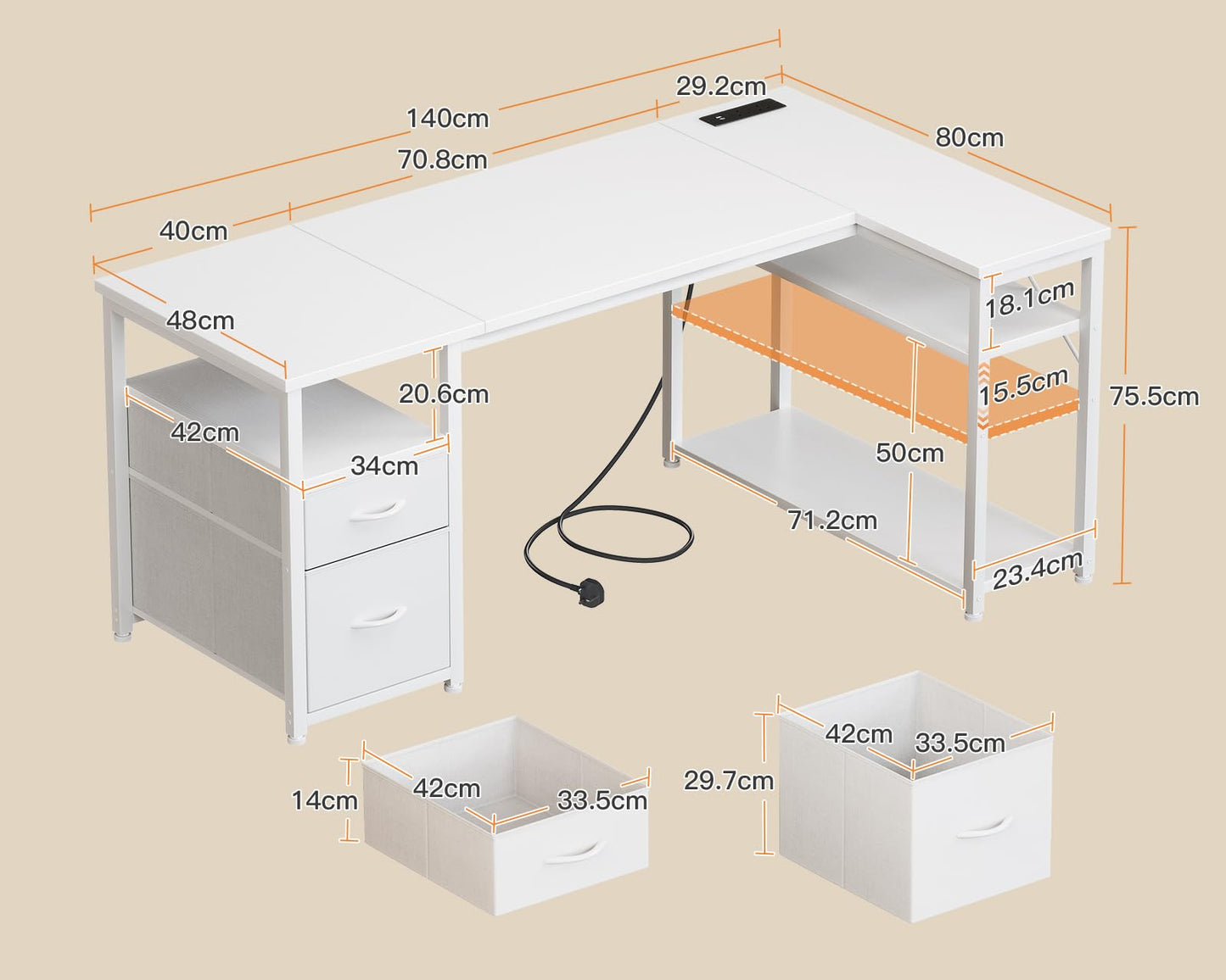 Coleshome Corner Computer Desk with Drawers and Shelves, 140×80 cm, White