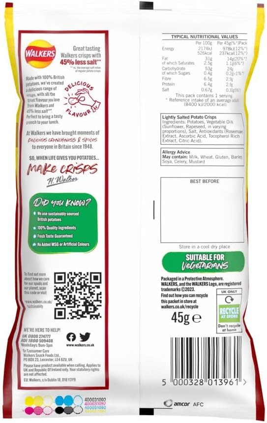 Walkers Less Salt Lightly Salted Crisps 45g (Case of 32)