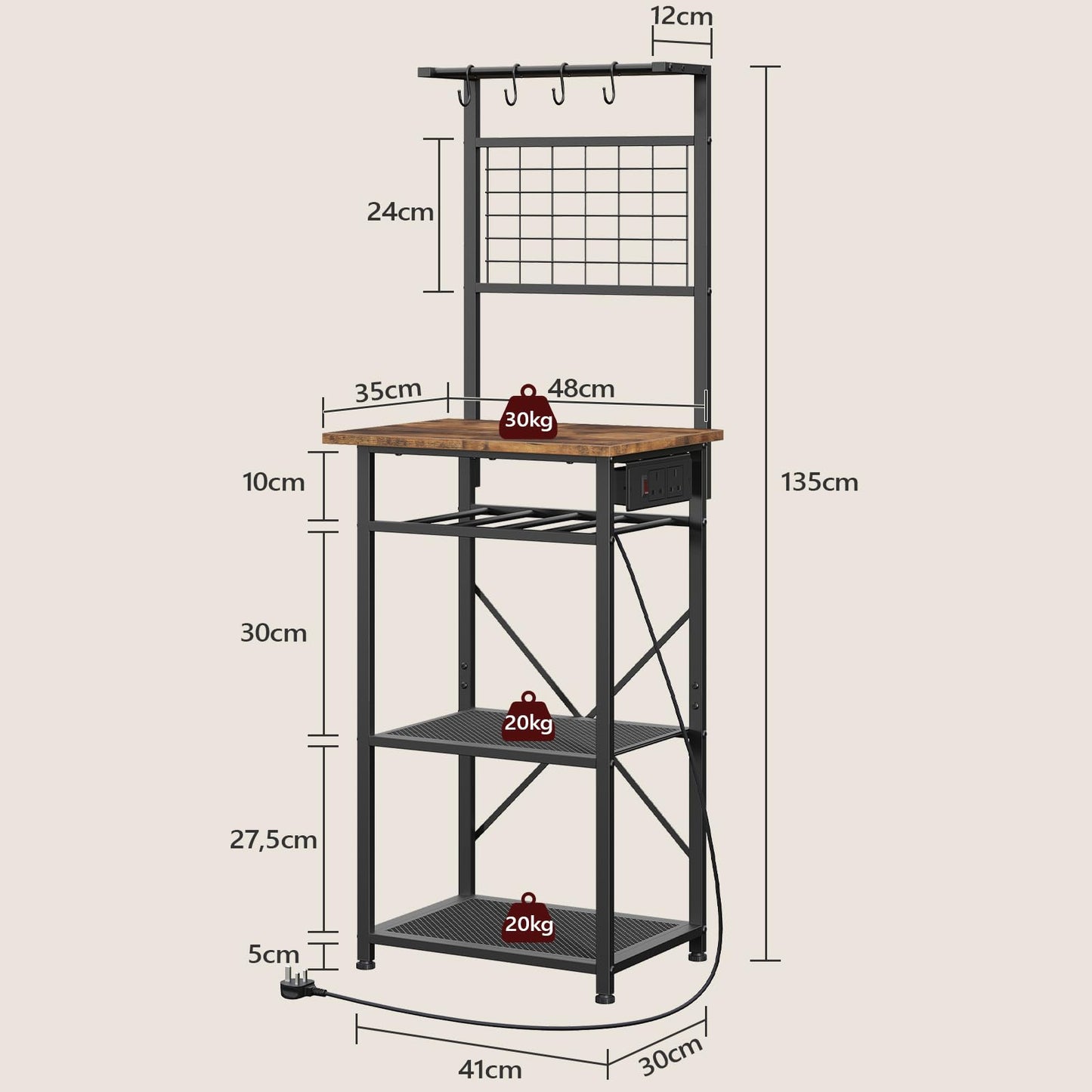 MAHANCRIS Bakers Rack, Microwave Stand with Power Outlet, Coffee Bar Station with Wine Rack and Hooks, Kitchen Storage Shelf