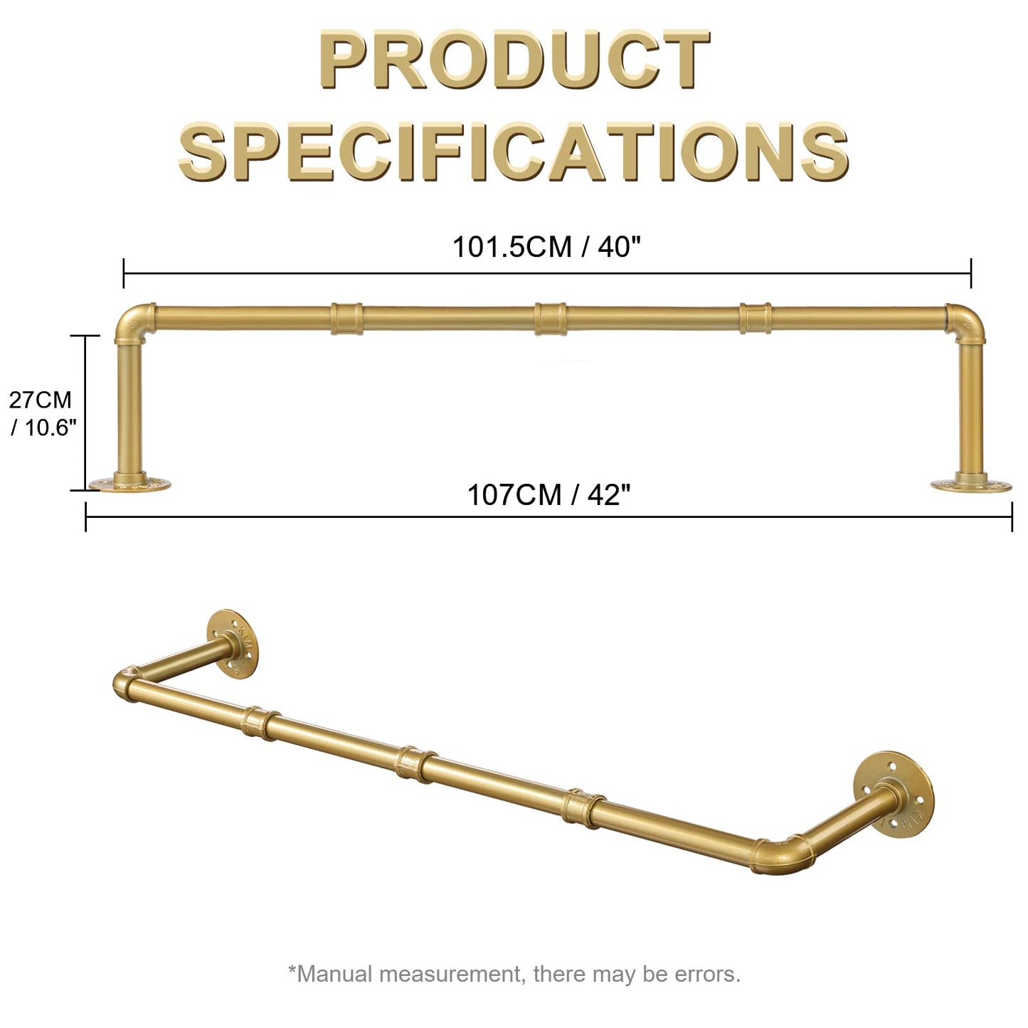 Ihomepark Industrial Pipe Gold Clothing Rack, 94 cm Wall Mounted Gold Iron Garment Clothes Bar, Heavy Duty Metal Hanging Rod for Retail Display