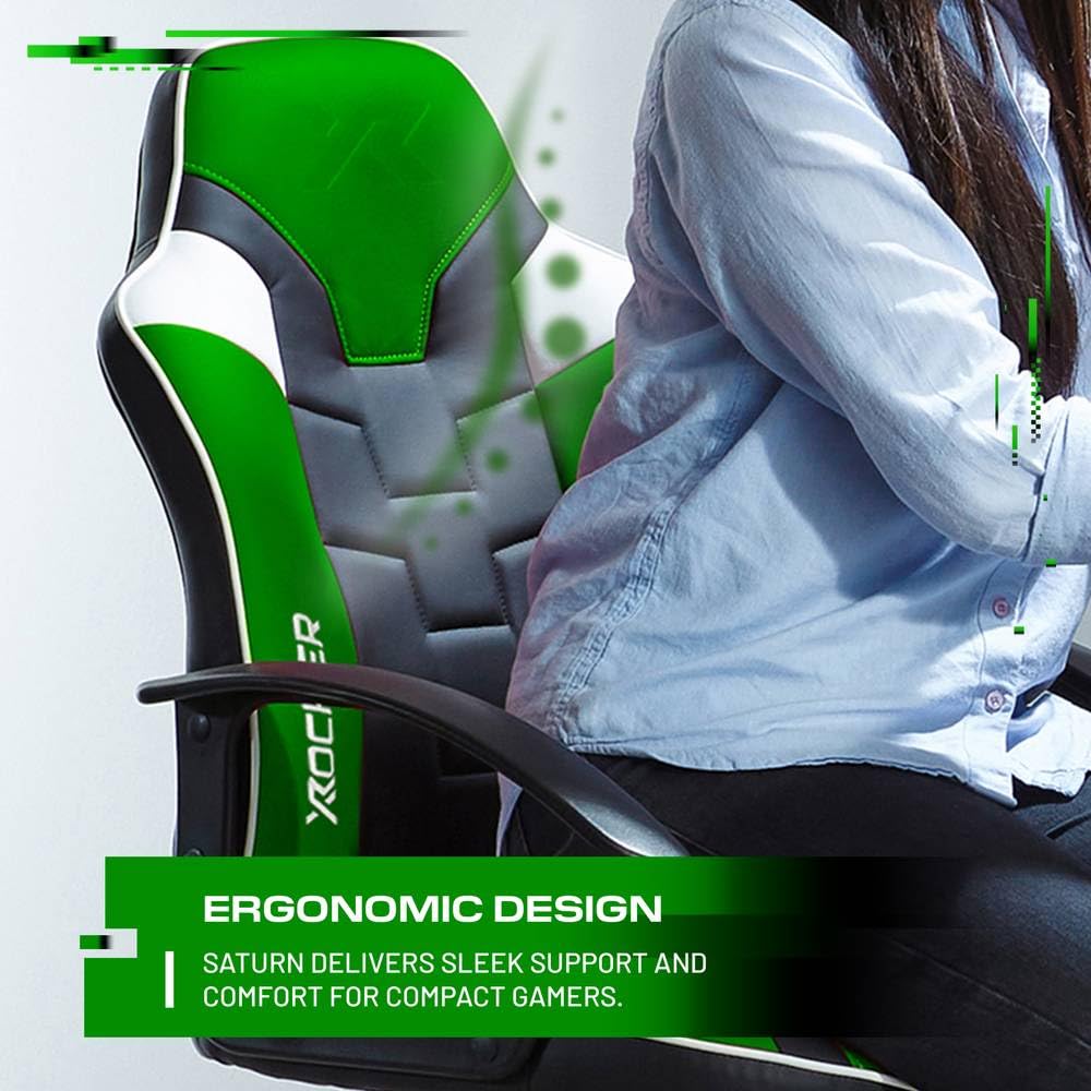 X-Rocker Saturn Mid Back Compact Gaming Chair for Kids & Teens - Ergonomic, Comfortable, Height Adjustable, Wipe-Clean Faux Leather - Black/Green