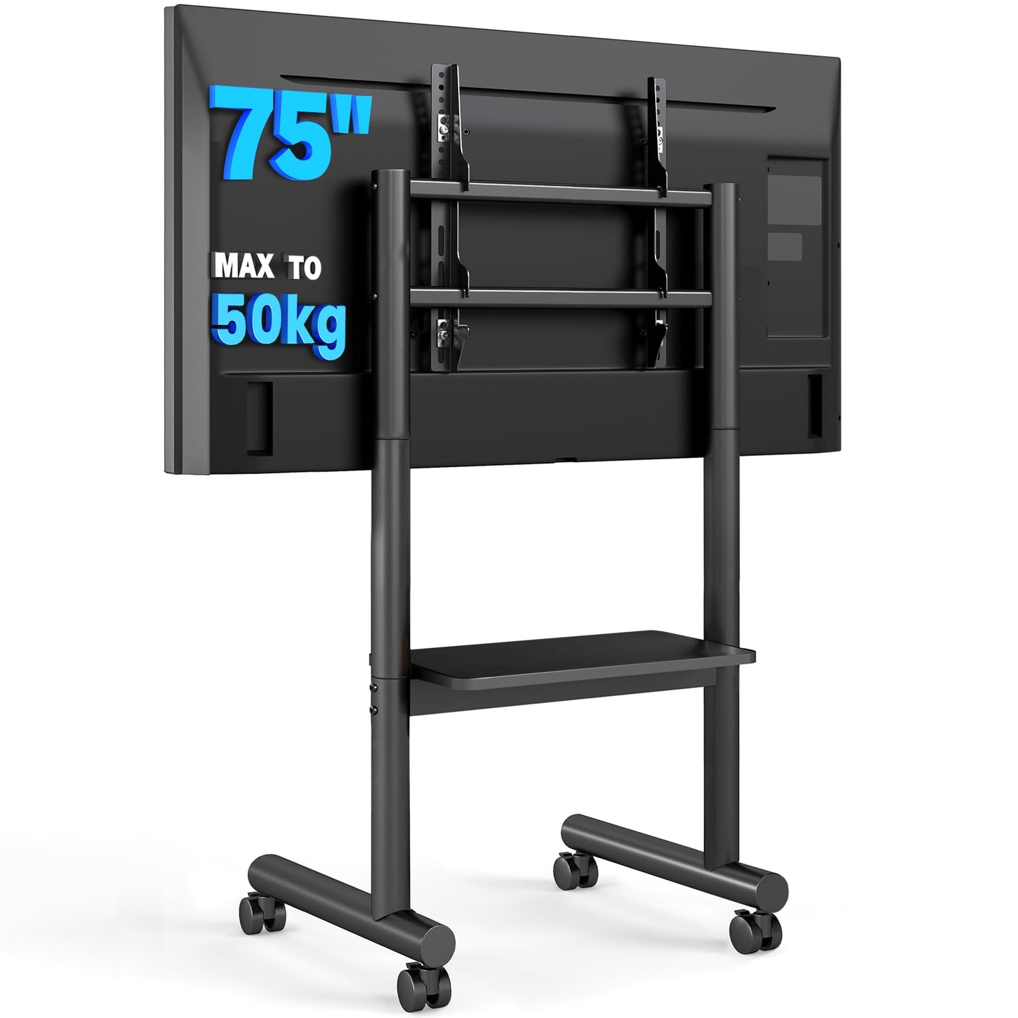 5Rcom Mobile TV Stand on Wheels, Rolling TV Stand with Large Tray for 40-75 Inch Flat Panel Screens, Strong TV Trolley Height Adjustable Holds up to