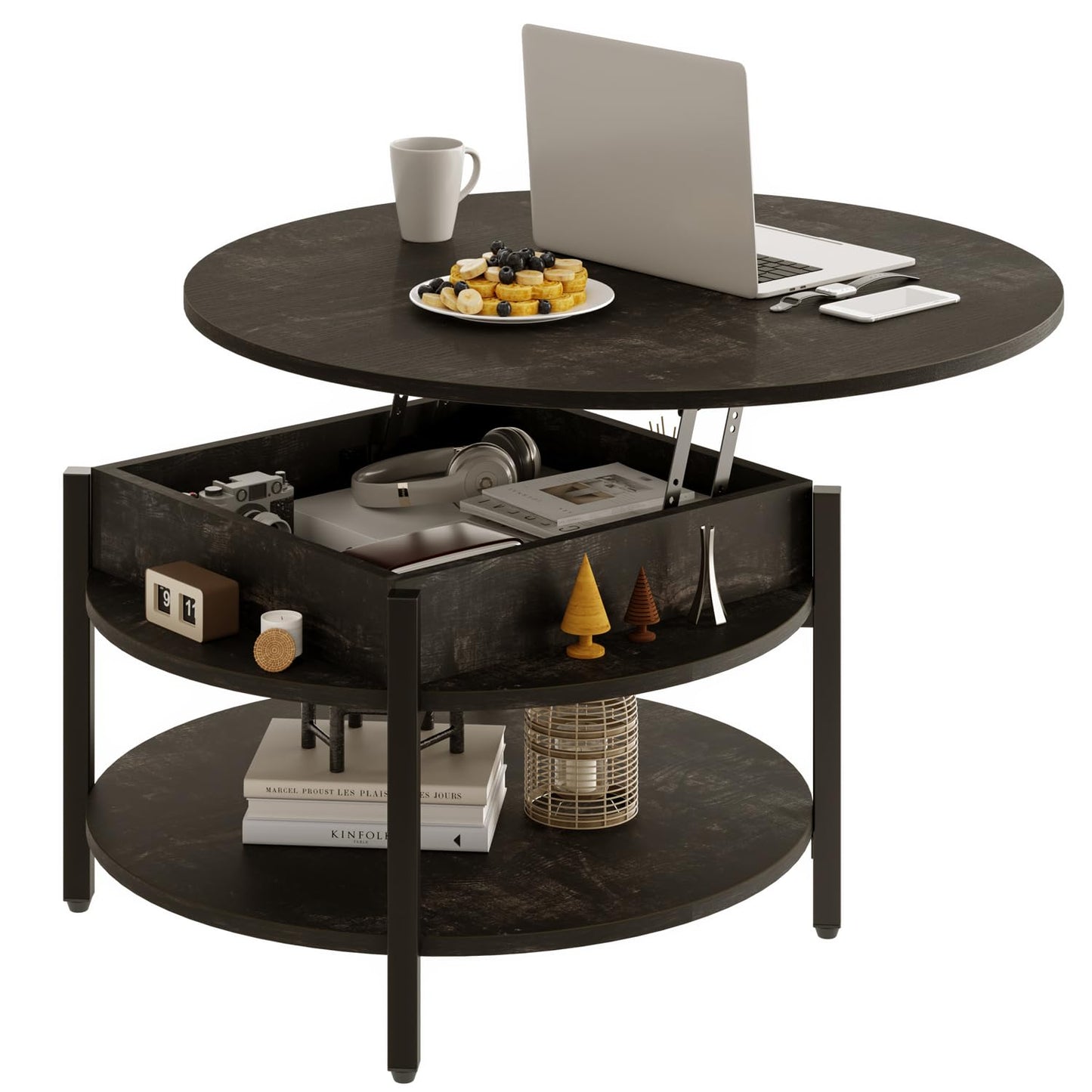 Mossora 68cm Black Oak Round Lift Top Coffee Table with Hidden Storage
