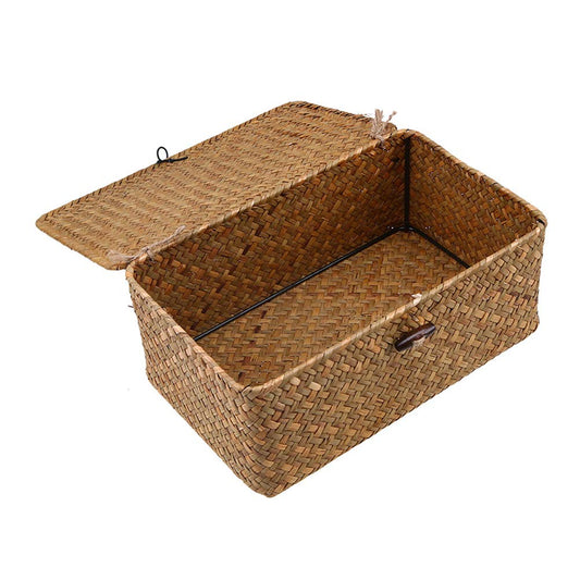 Wicker Storage Basket Woven Rattan Storage Box With Lids Seagrass Laundry Baskets Makeup Organizer For Bathroom, Living Room, Kitchen M