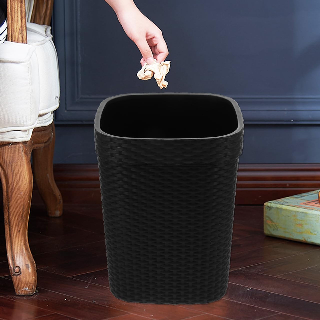 ULTECHNOVO Rectangular Waste Paper Bin Imitation Braided Plastic Office Bin Multi-Purpose Waste Basket for Home Kitchen Bedroom and Bathroom Large