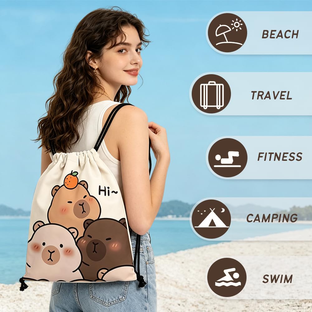 Capybara Microfiber Beach Towel Sand Free Absorbent Extra Large Travel Towels for Adults Kids Microfibre Towels for Adults with Drawstring Bag 2in1