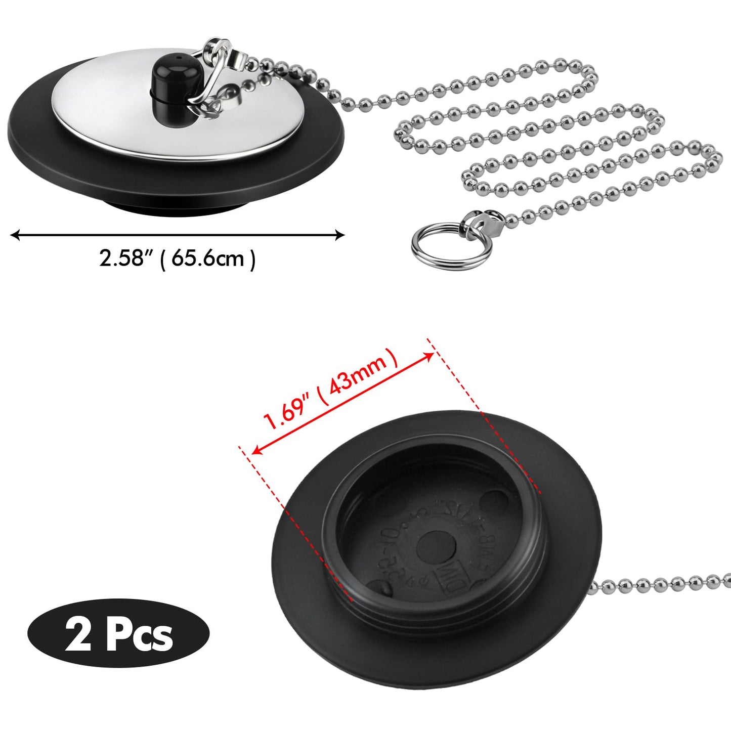 Lunhoo 1 Pack Universal Bath Plug, Drain Stopper with Stainless Steel Chain, 43mm Bath Plug replacement for Kitchen, Under Sink, Bathroom