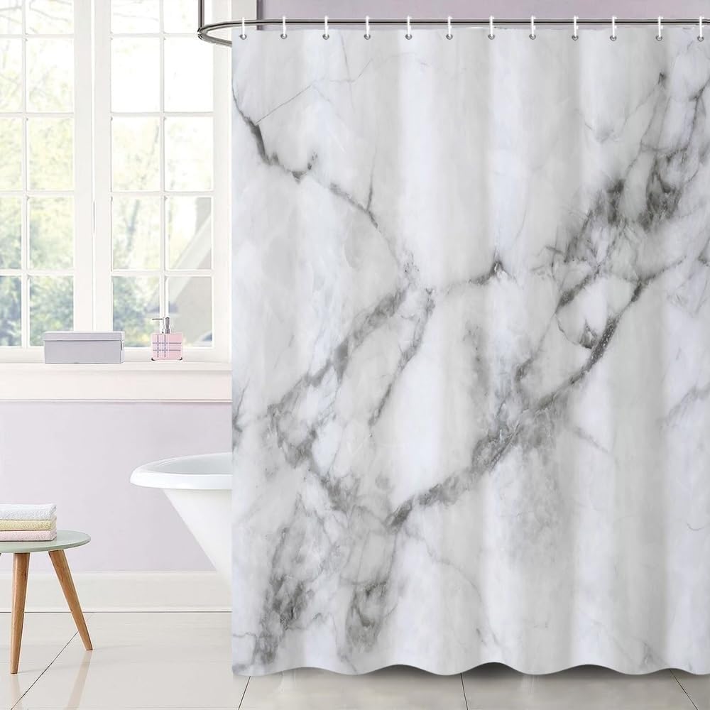 Uiiooazy White Marble Shower Curtain, Grey Effect Modern Bath Curtain Mildew and Mould Resistant Waterproof Polyester Fabric Washable Opaque Shower