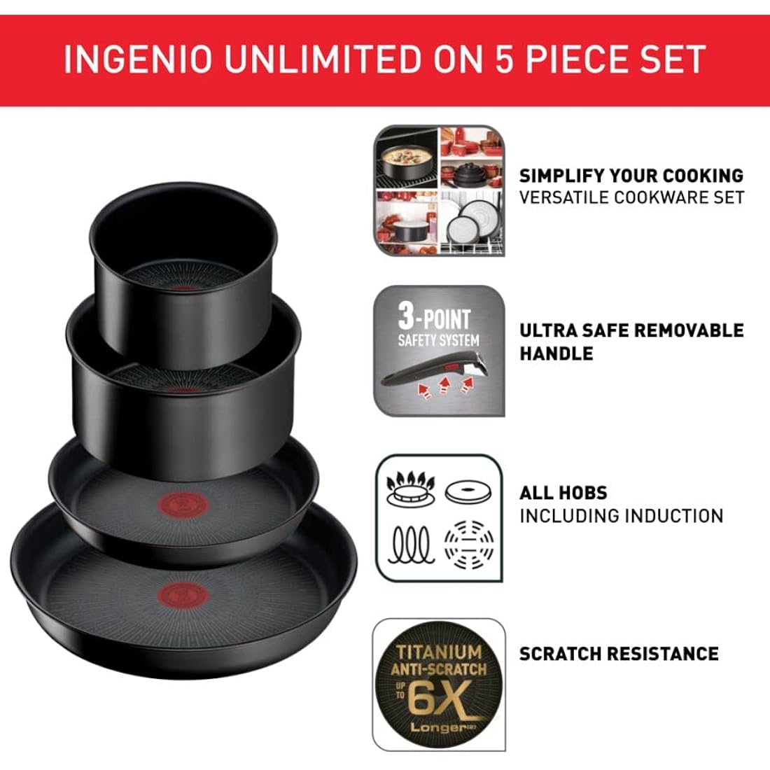 Tefal Ingenio Unlimited ON 5 Piece Non-Stick Induction Pan Set, 22&28 cm Frying Pans, 16&20 cm Saucepans, 1 Bakelite Removable Handle, Easy Cleaning, Heat Indicator, Black, L3959543