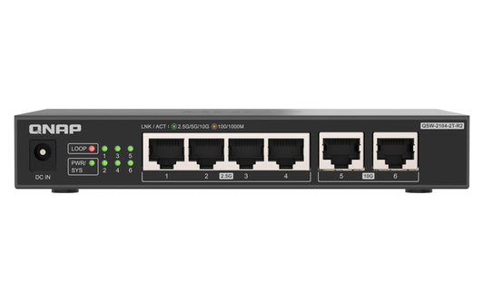 QNAP 4-port 2.5GbE and 2-port 10GbE Multi-Gig unmanaged switch. Affordably upgrade to high-speed networking (QSW-2104-2T-R2)
