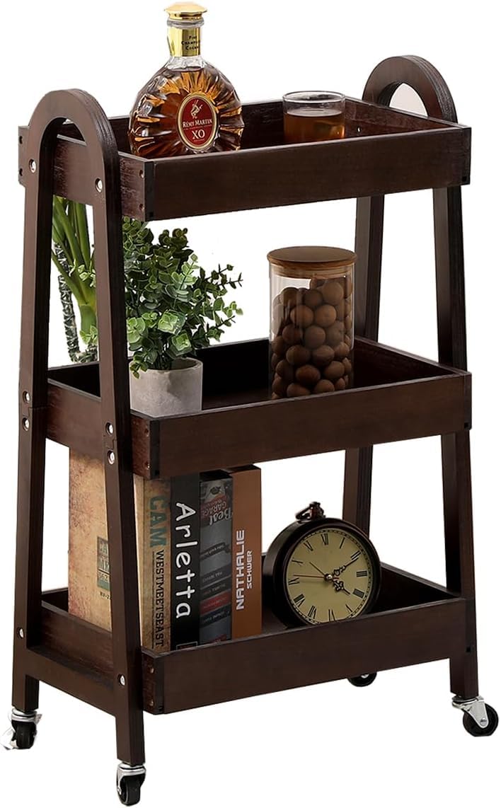 lamde 3-Tier Wooden Rolling Cart- Wooden Utility Cart wit Wheels- Utility Rolling Cart-Storage Trolley Organizer- Rolling Kitchen Cart Serving Cart
