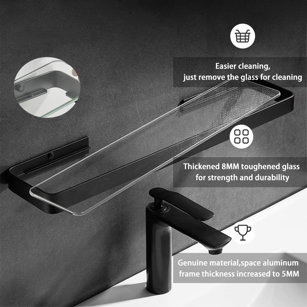 Biutimarden Bathroom Shelf Rectangular No Drilling Wall Mounted Tempered Glass Shower Caddy Space Aluminum Rustproof Storage Organizer for Bathroom