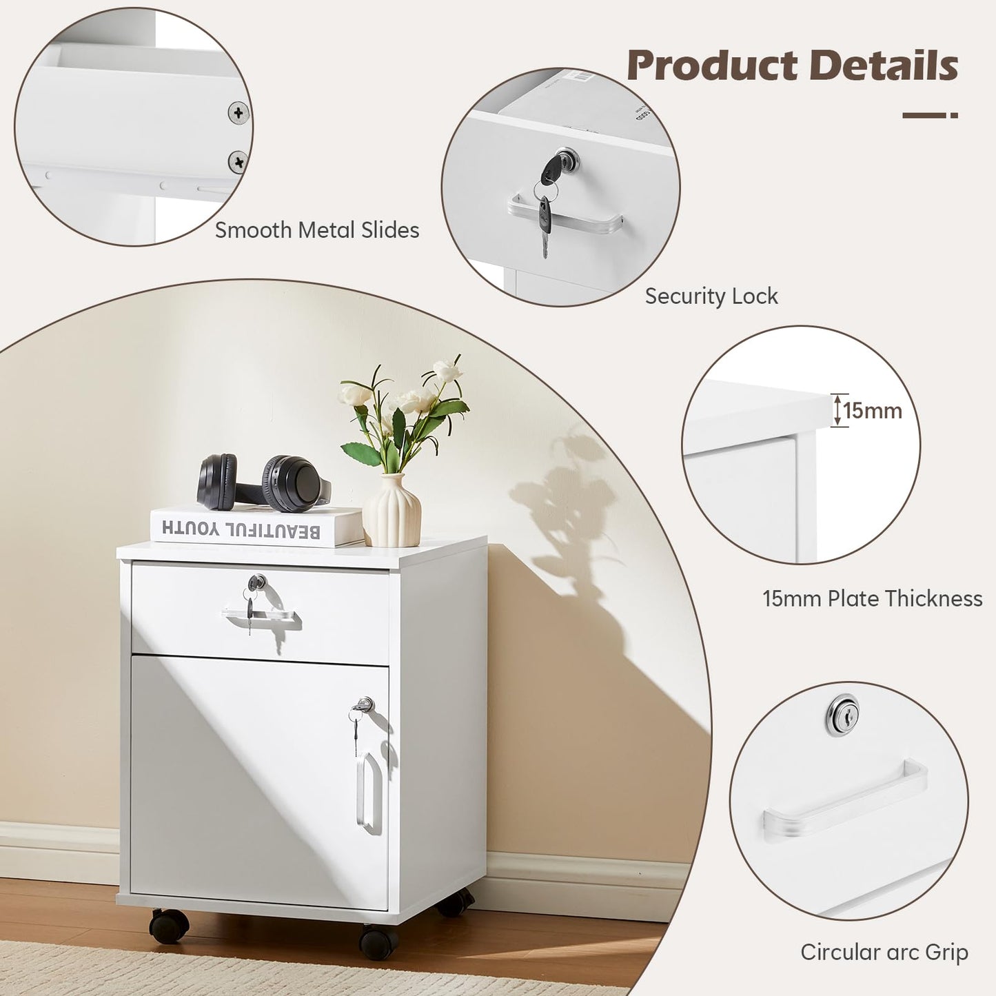 TUKAILAi Mobile Filing Cabinet, Lockable Drawer and Cabinet for Home Office
