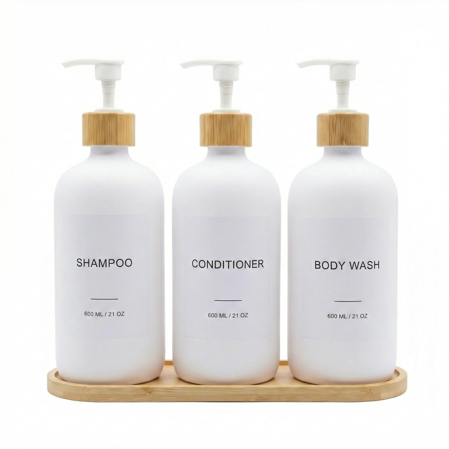 Shampoo and Conditioner Dispenser Set - 3 Pack 600ml/21oz Refillable PET Shower Bottles with Plastic Pump, Bamboo Tray, Funnel & Labels