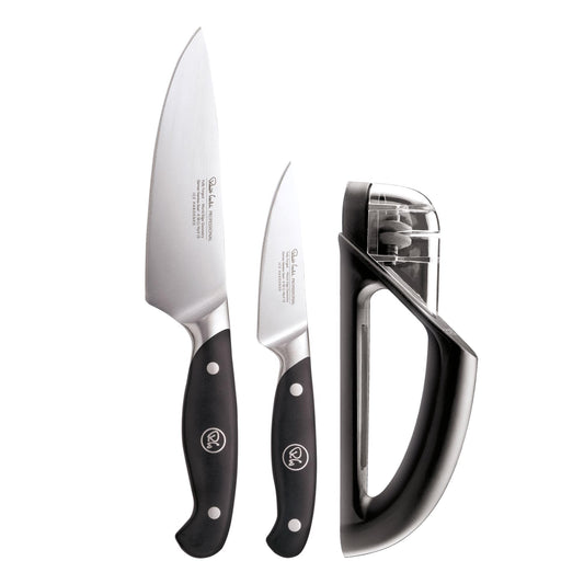 Robert Welch Professional Kitchen Knife Set with Knife Sharpener. Crafted from German 1.4116 Stainless Steel. Paring Knife 9cm/3.5", Chef's Knife