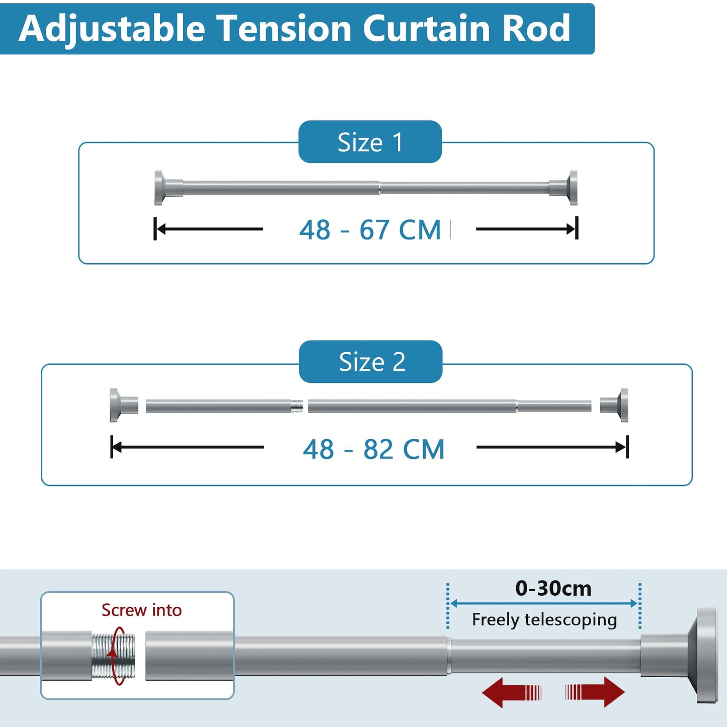 WELDUN Extendable Shower Curtain Tension Rod, 48-82CM No Drill Telescopic Shower Curtain Rod, Adjustable Spring Rod for Window Bathroom, Bedroom, Gray