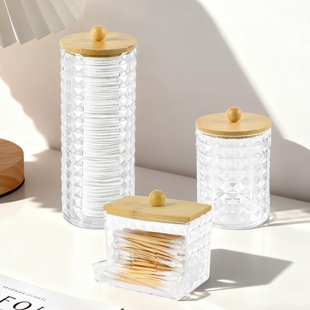 Hwtcjx Cotton Pad Holder, Bathroom Jars, with Wooden Cover, 3 PCS