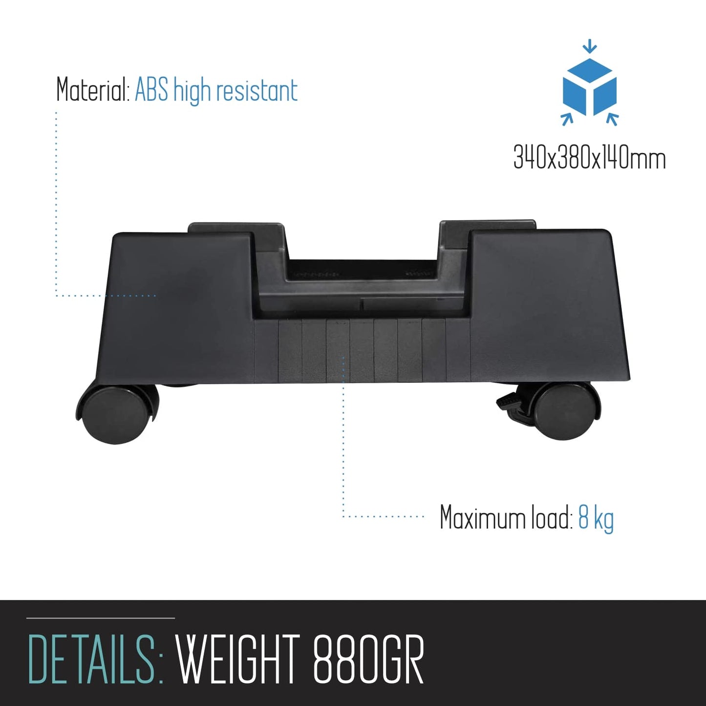 Desktop Computer Support, Mobile PC Case Support - ABS, with 4 Casters and Adjustable Base