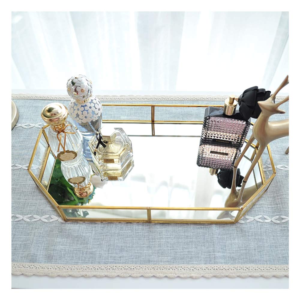 Gold Glass Mirrored Tray, Polygon Metal Decorative Tray Jewelry Perfume Organizer Makeup Tray for Vanity, Dresser, Bathroom, Bedroom (Large)